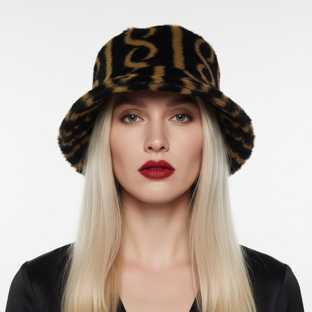 LUXURY FURRY BUCKET HAT MONOGRAM PRINT BLACK GOLD UNISEX